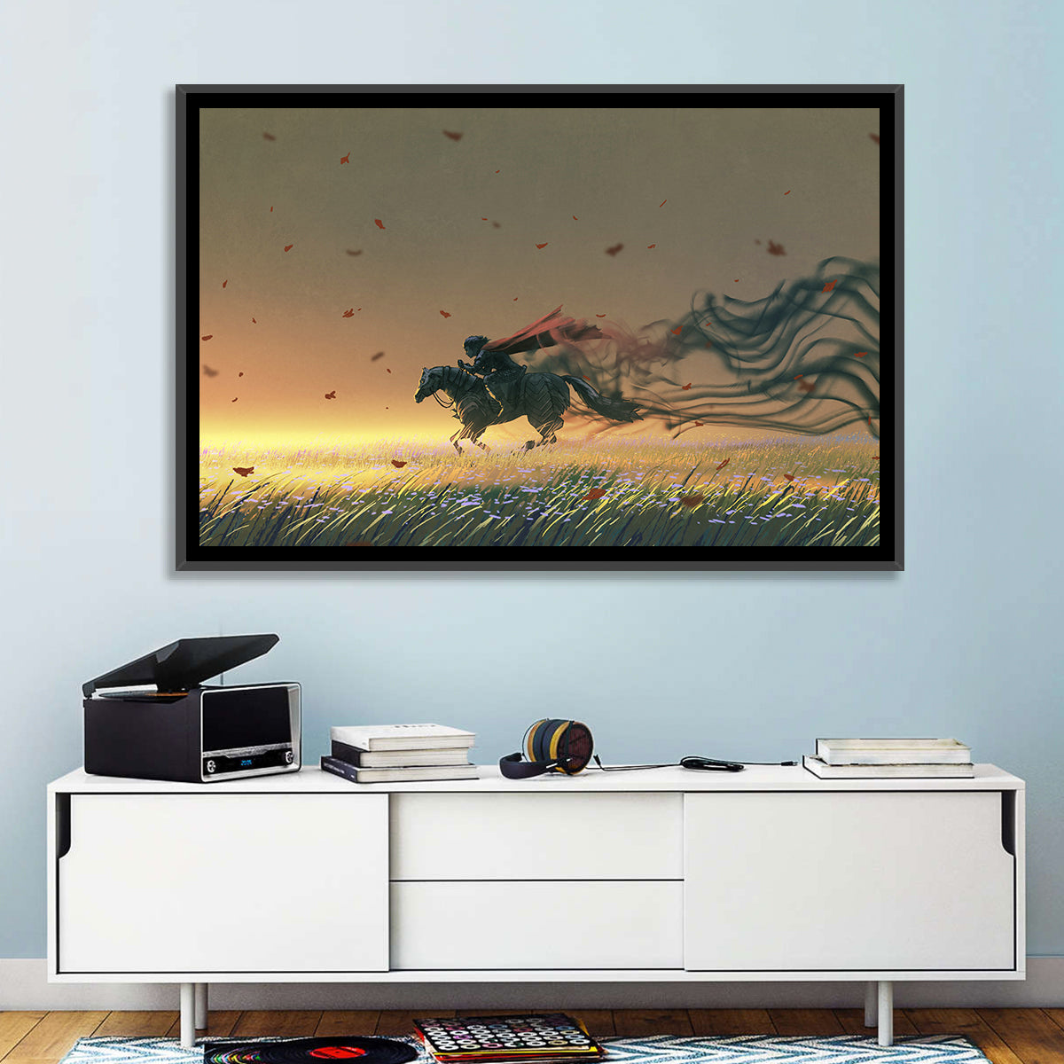 Unstoppable Knight with Red Cape Wall Art in a room, landscape