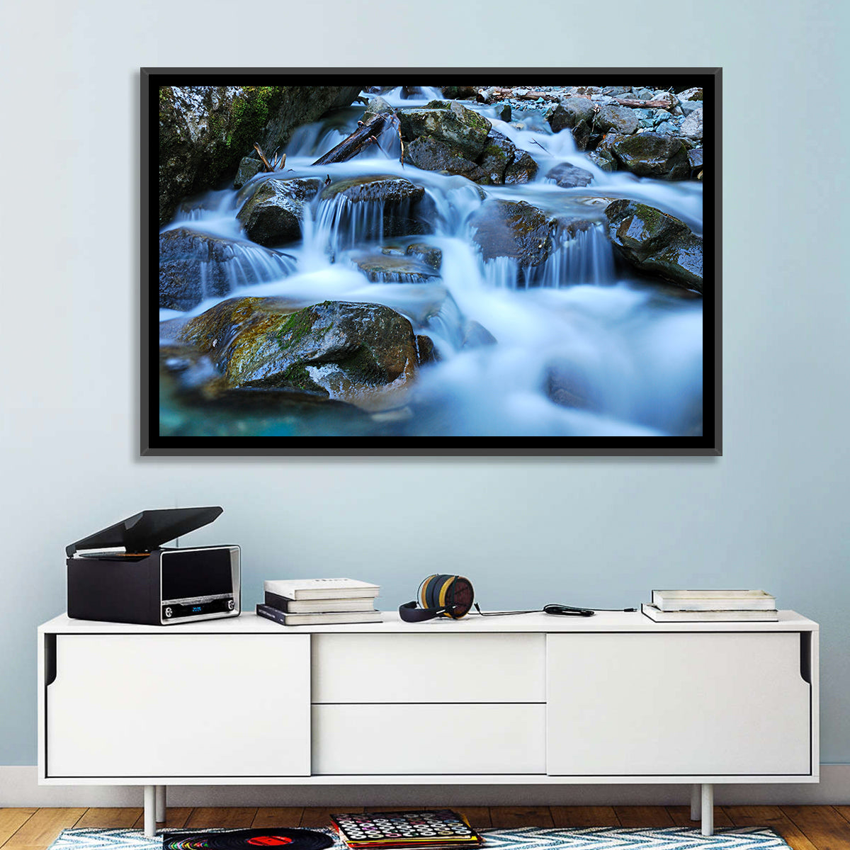 Mossy Rock Stream with Silky Waterfall Wall Art in a room, landscape