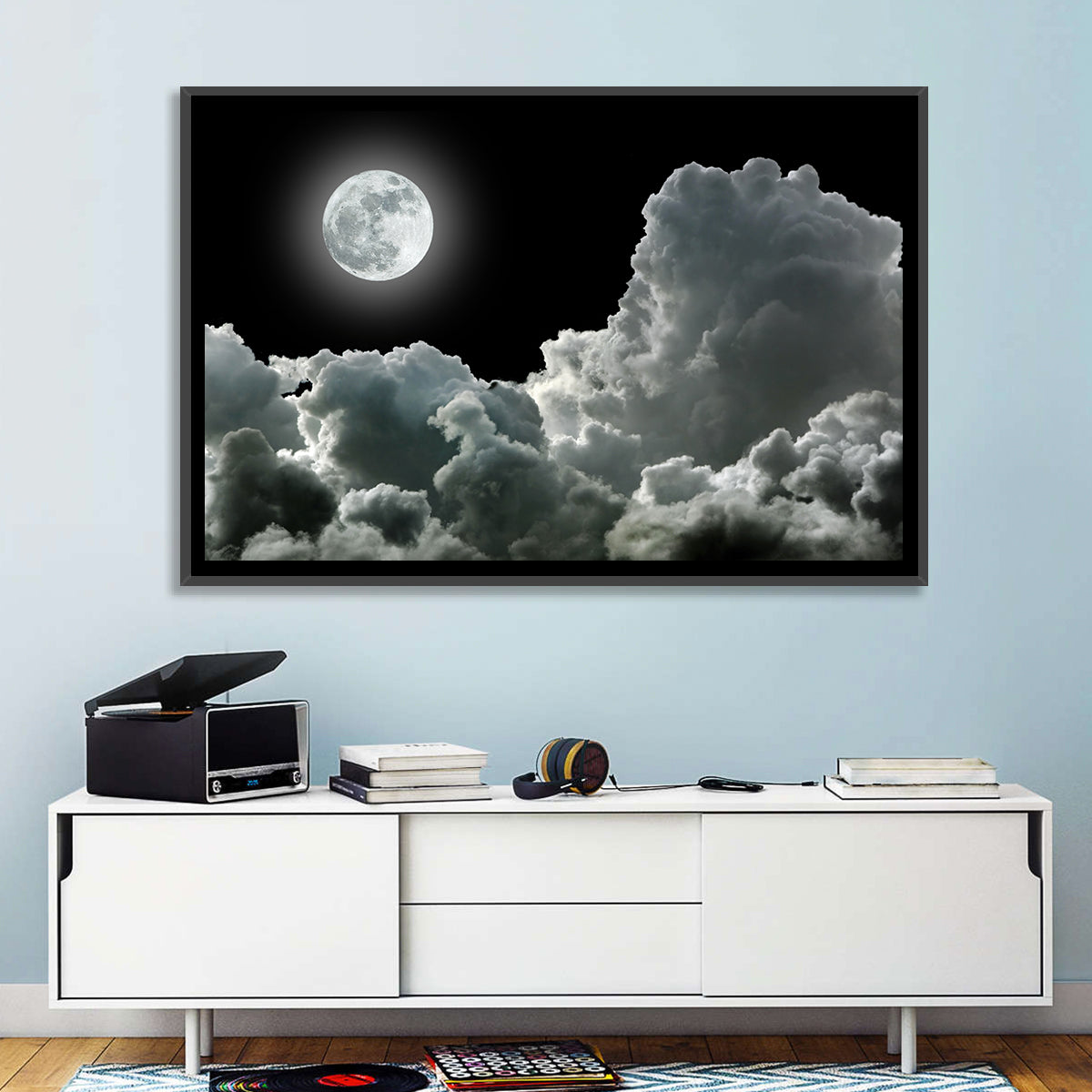 Cloudy Moonlight Wall Art in a room, landscape