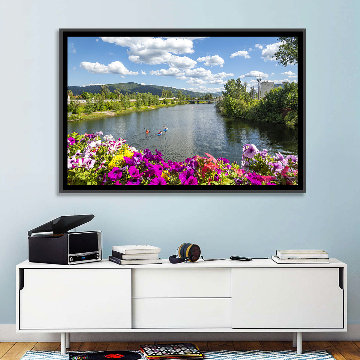 Sand Creek River with Petunias Wall Art in a room, landscape