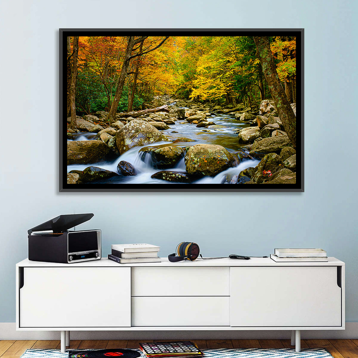 Autumn Stream Through Forest Wall Art in a room, landscape