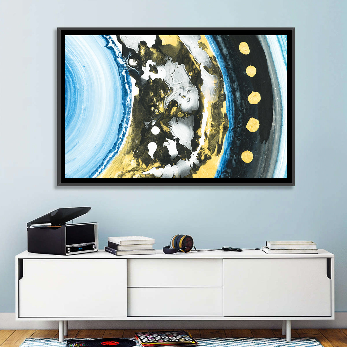 Planet Rings in Blue and Gold Wall Art in a room, landscape