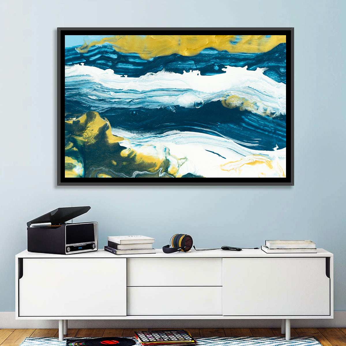 Flowing Streams with Gold Accents Wall Art in a room, landscape