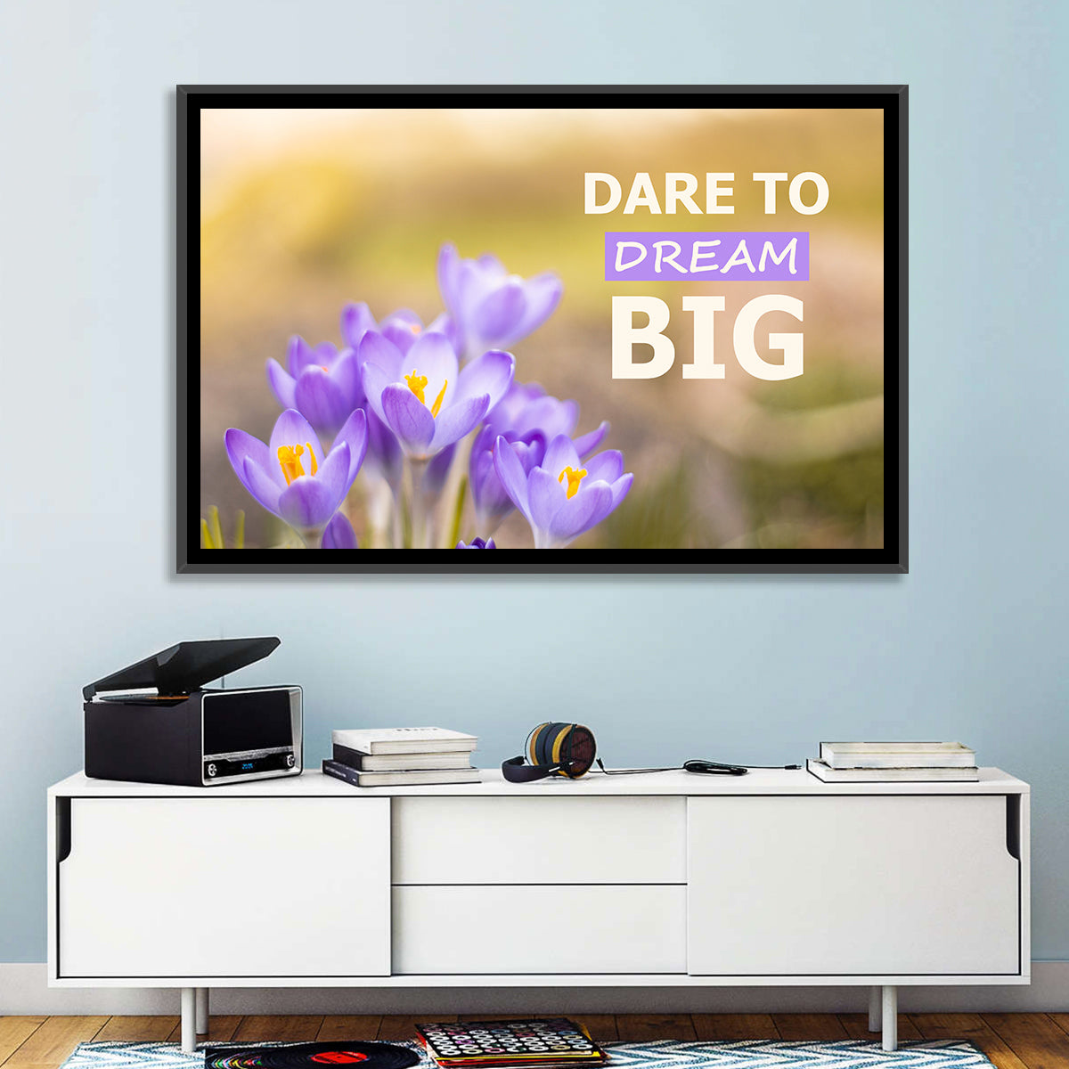Dare to Dream Big, Purple Crocus Wall Art in a room, landscape