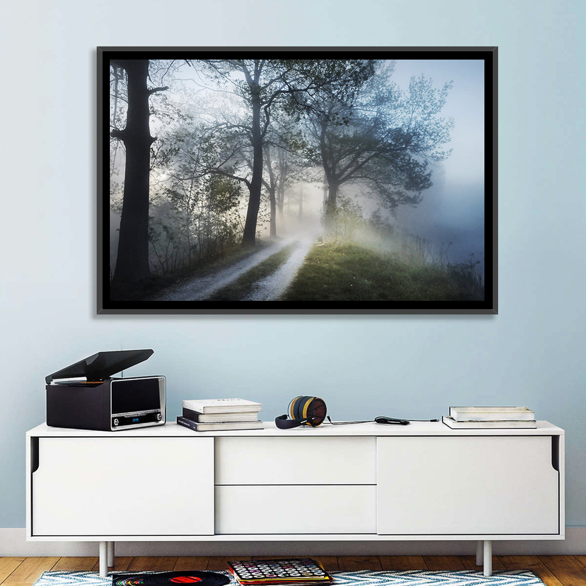 Foggy Forest Path Wall Art in a room, landscape