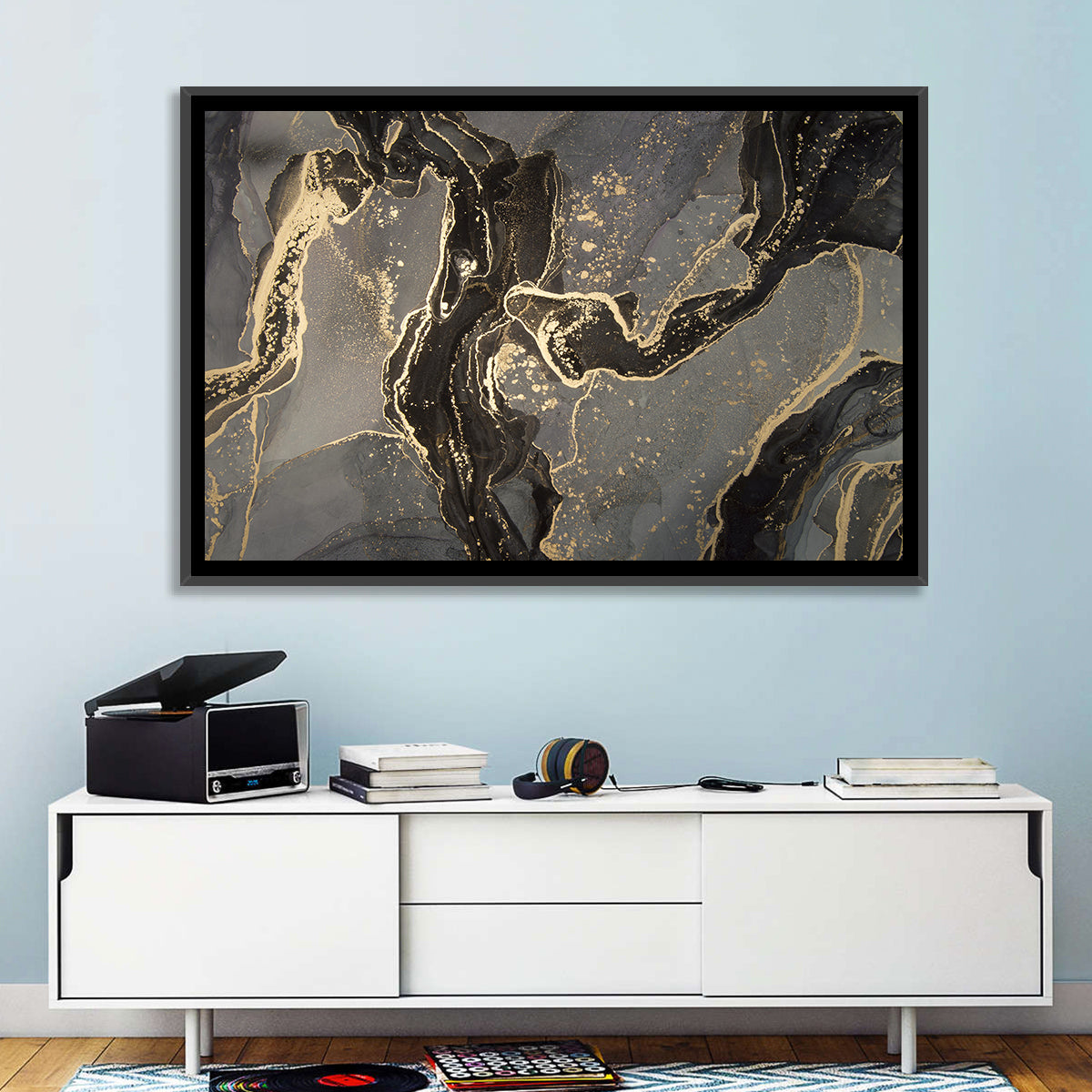 Black and Gold Marbled Abstract Wall Art in a room, landscape