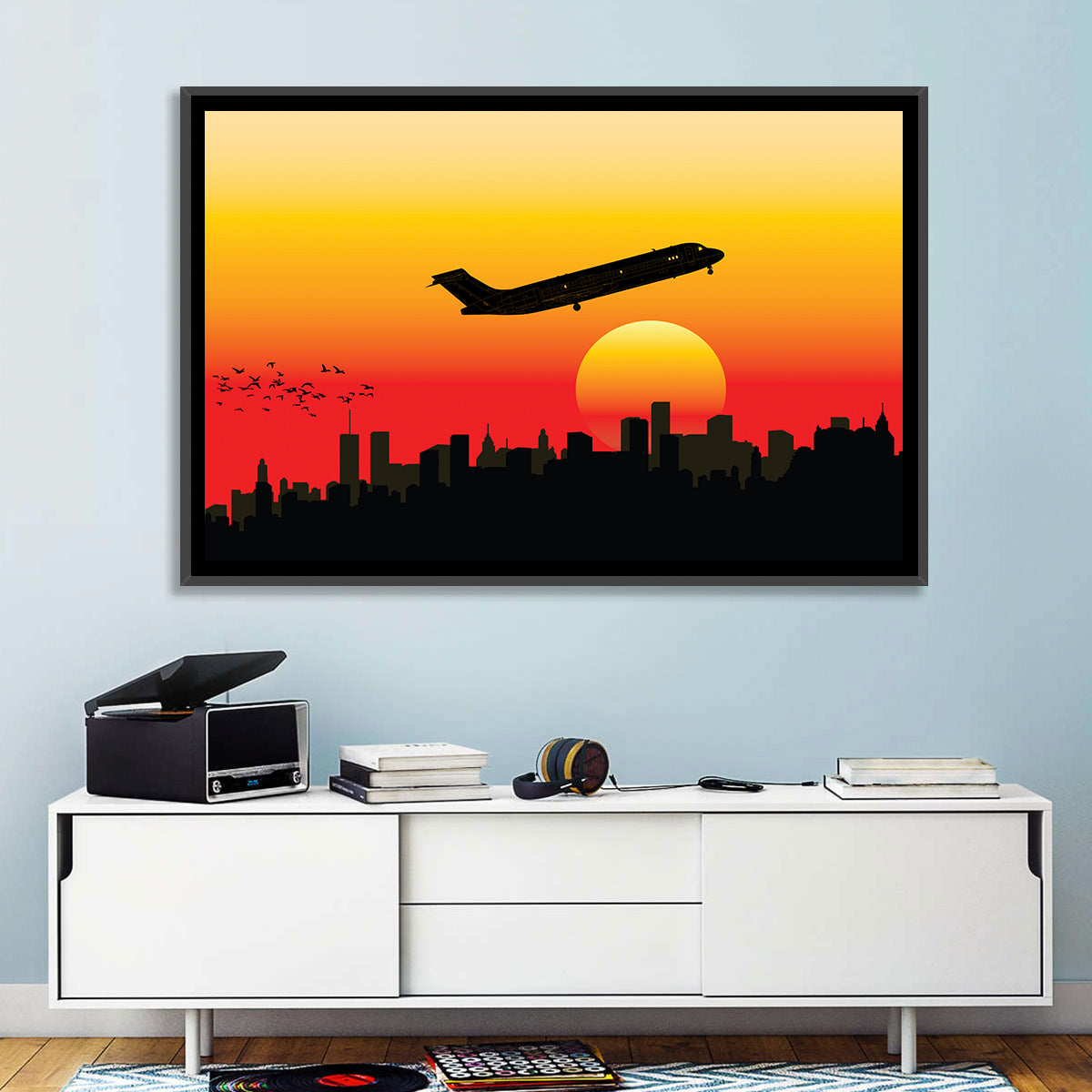 Airplane Over Sunset Skyline Wall Art in a room, landscape