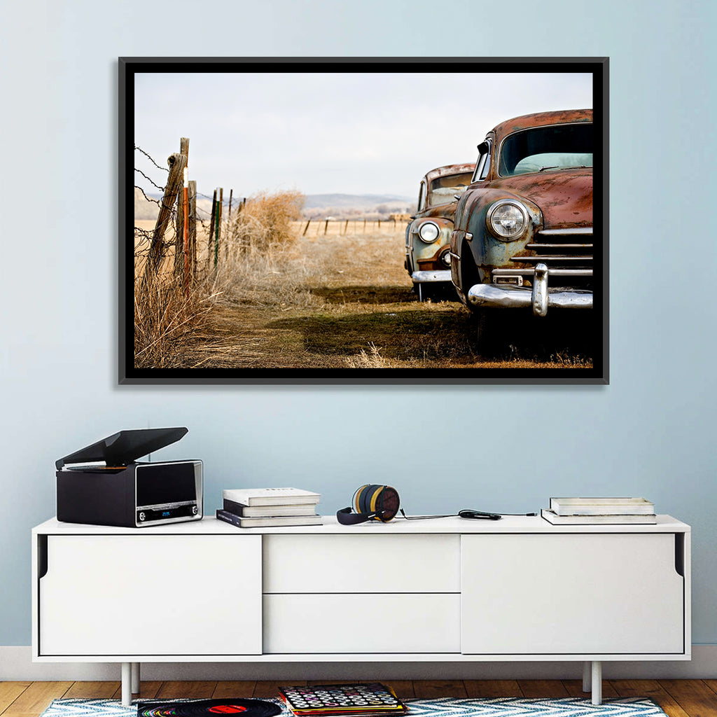 Abandoned Rusty Vintage Cars Behind Barbed Wire Wall Art