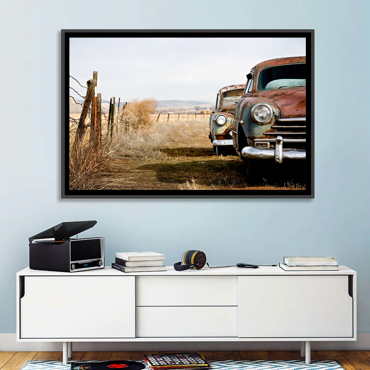 Abandoned Rusty Vintage Cars Behind Barbed Wire Wall Art