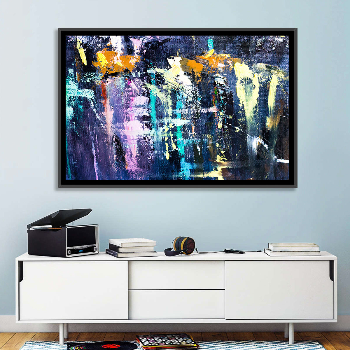 Impasto Waterfall in Blue and Purple Wall Art in a room, landscape