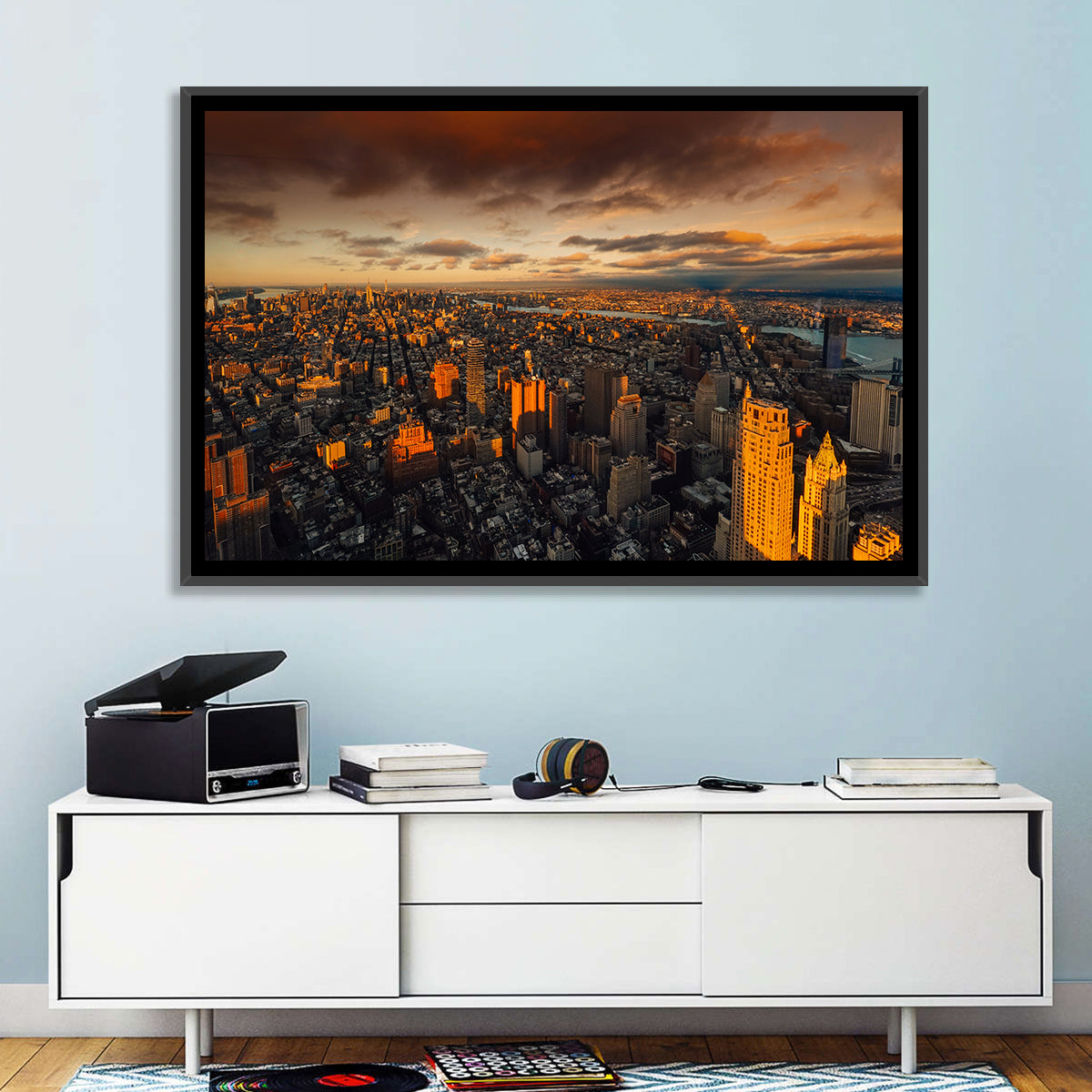South Manhattan Sunset Skyline Wall Art in a room, landscape