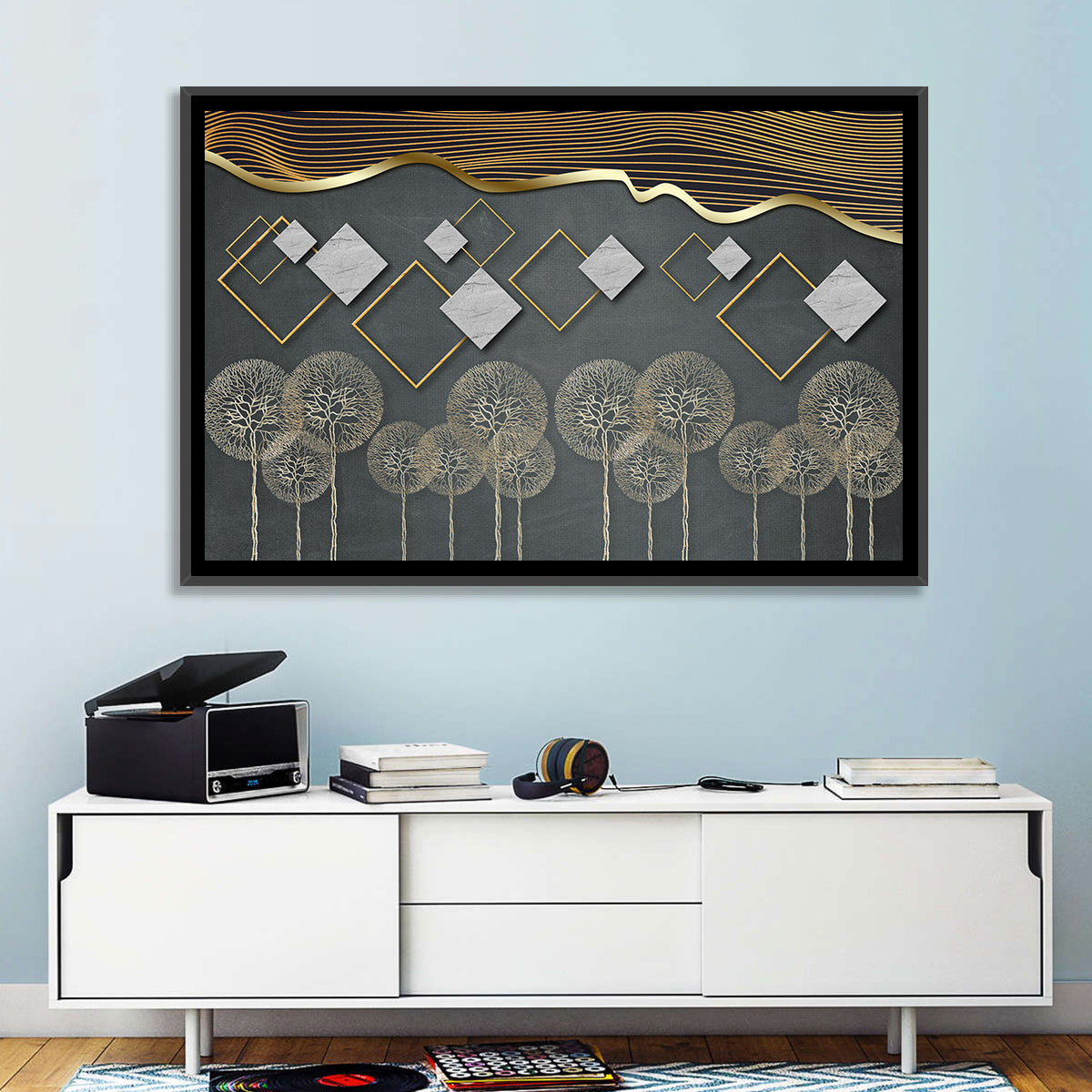 Gray and Gold Dandelion Wall Art in a room, landscape