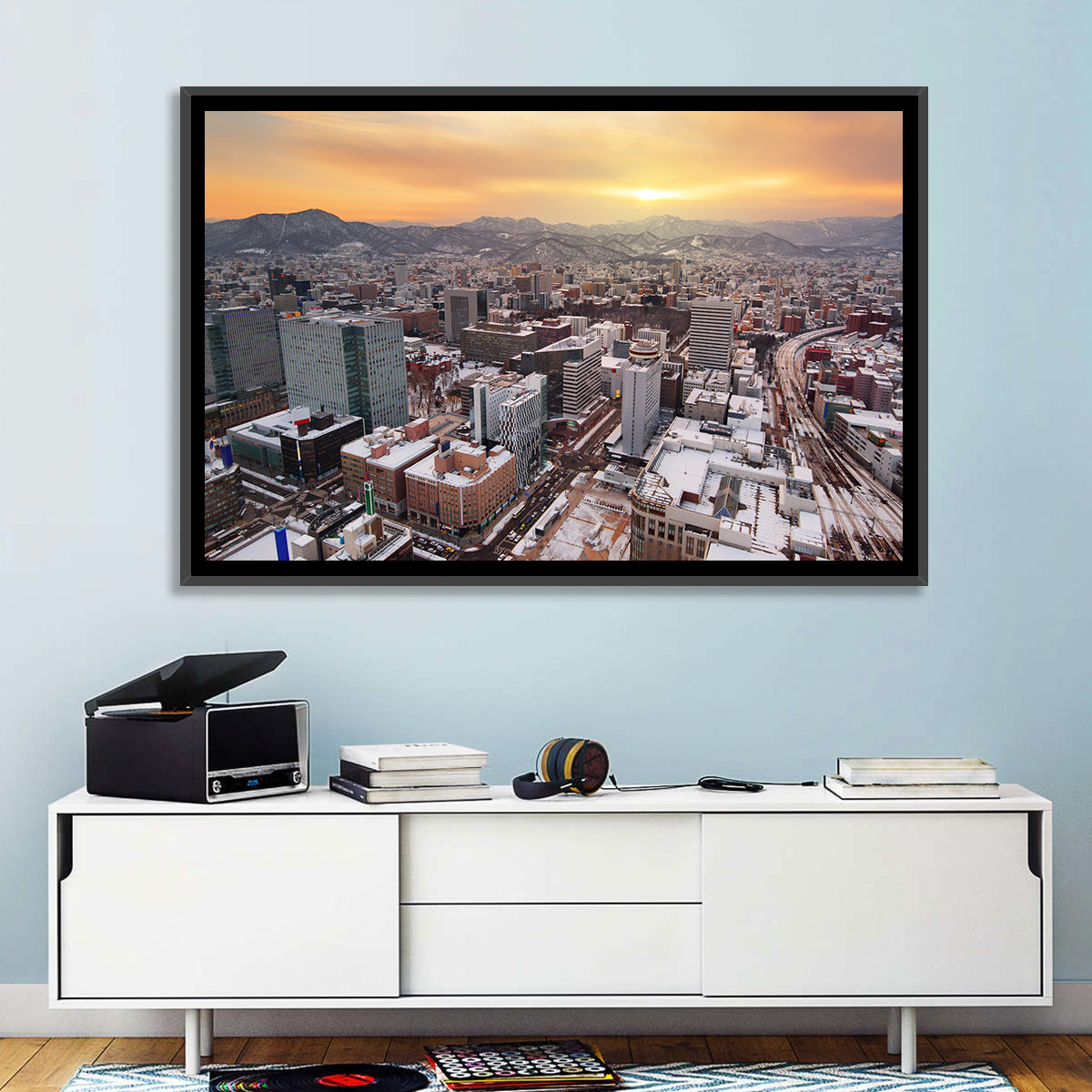 Sapporo Station Skyline at Golden Hour Wall Art in a room, landscape