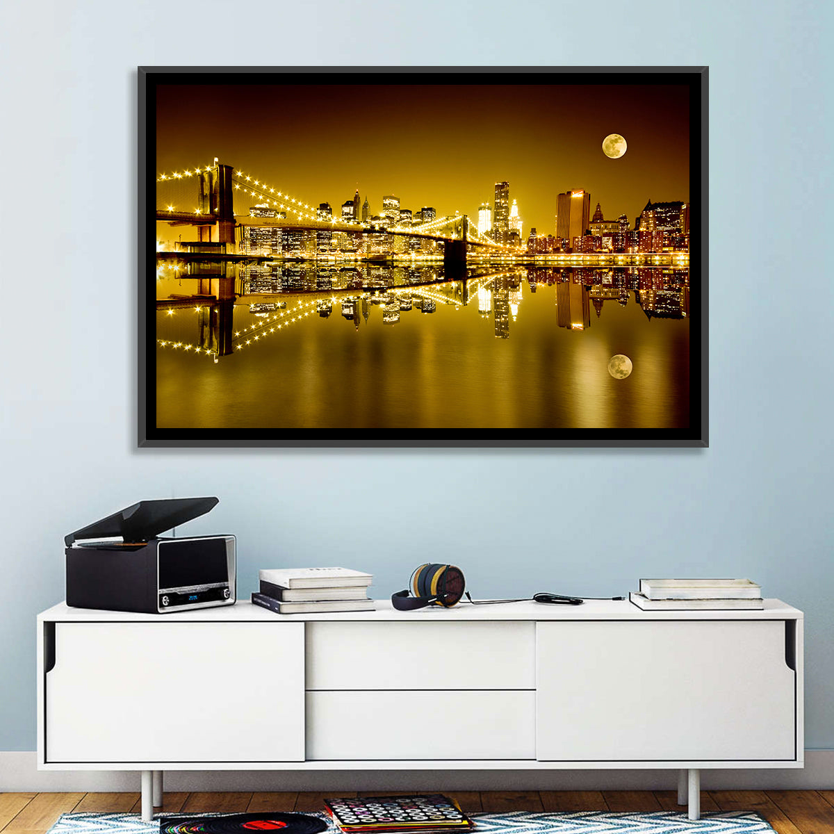 Brooklyn Bridge Moonlit Reflection Wall Art in a room, landscape