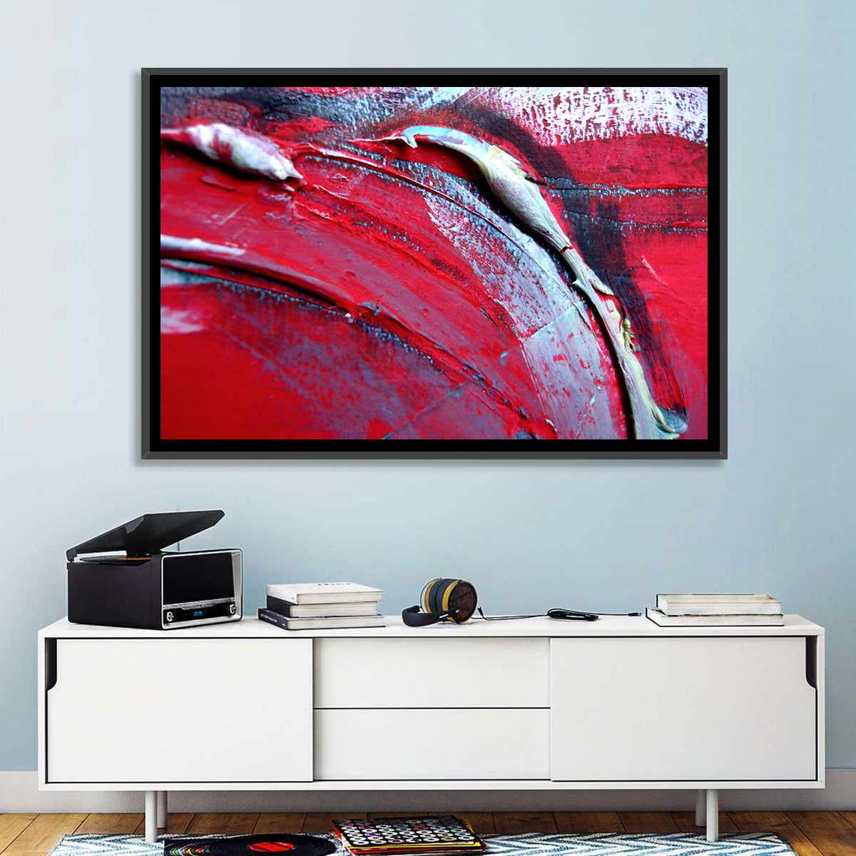 Crimson Impasto Motion Wall Art in a room, landscape