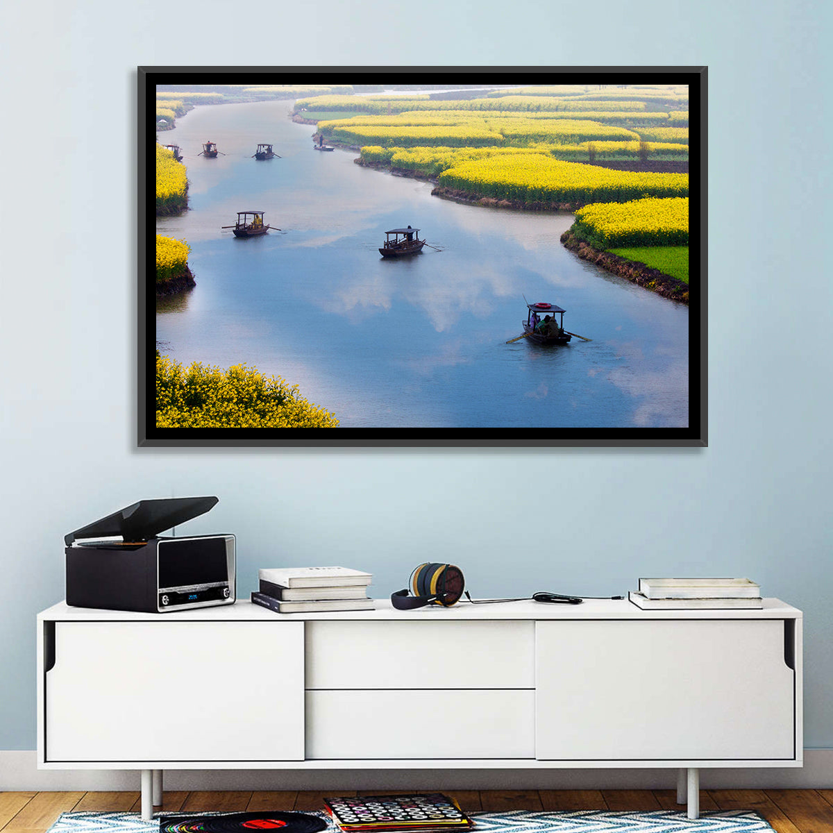 Spring River Rowboats in Rapeseed Fields Wall Art in a room, landscape