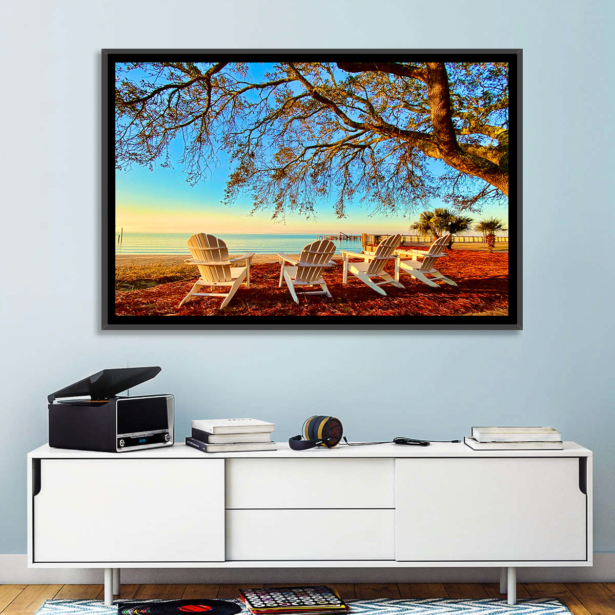 Mobile Bay Adirondack Chairs at Sunrise Wall Art in a room, landscape