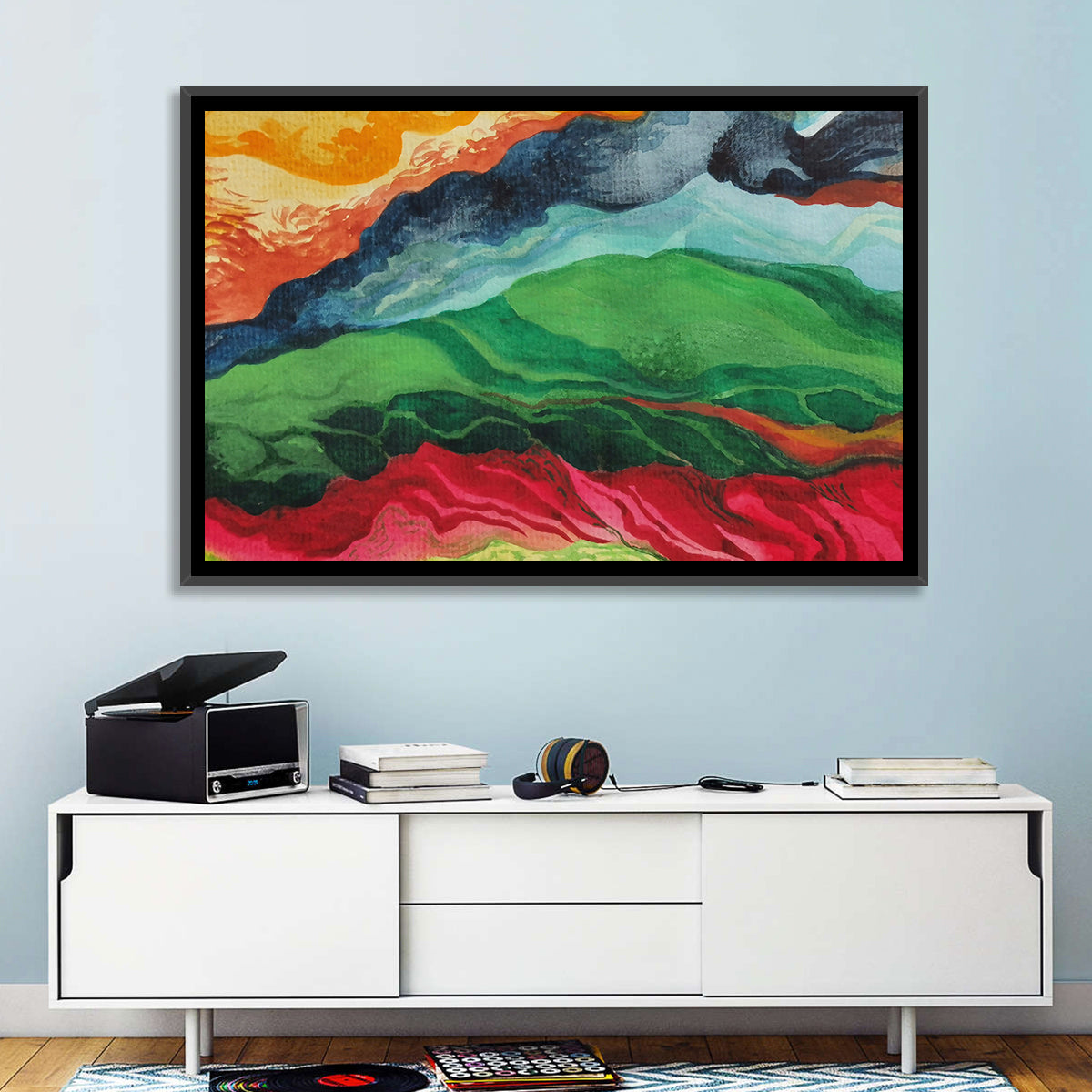 River Through Abstract Mountains Wall Art in a room, landscape