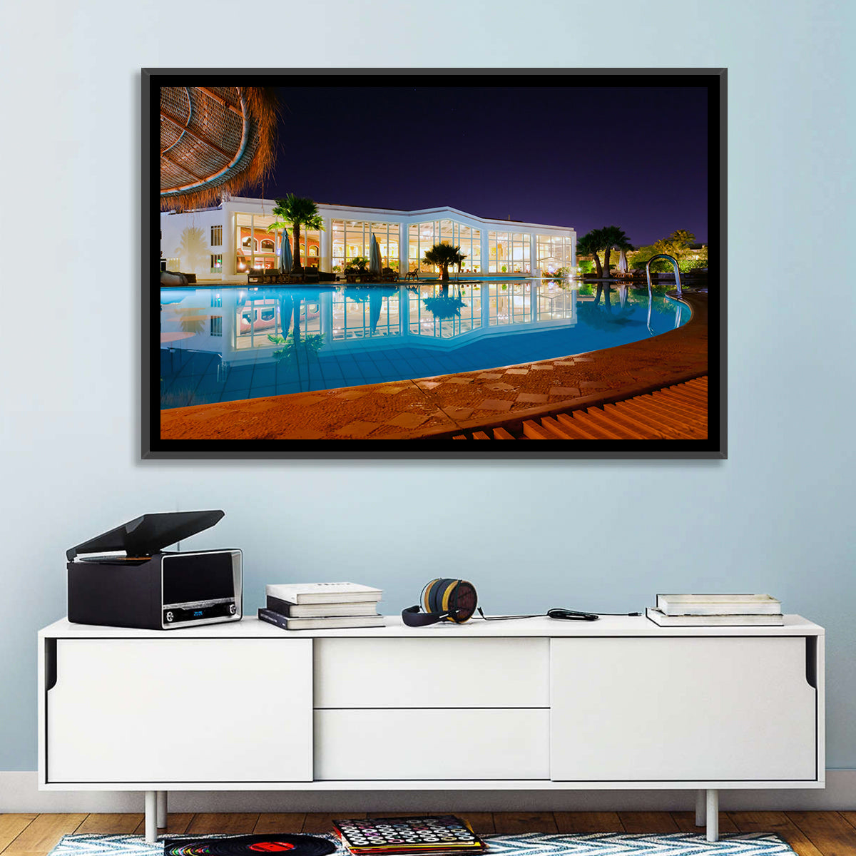 Moonlit Resort Pool Reflection Wall Art in a room, landscape