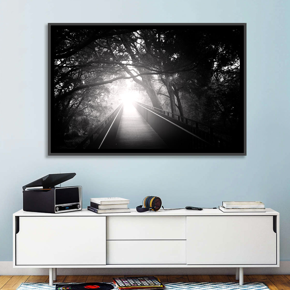 Foggy Forest Bridge Wall Art in a room, landscape