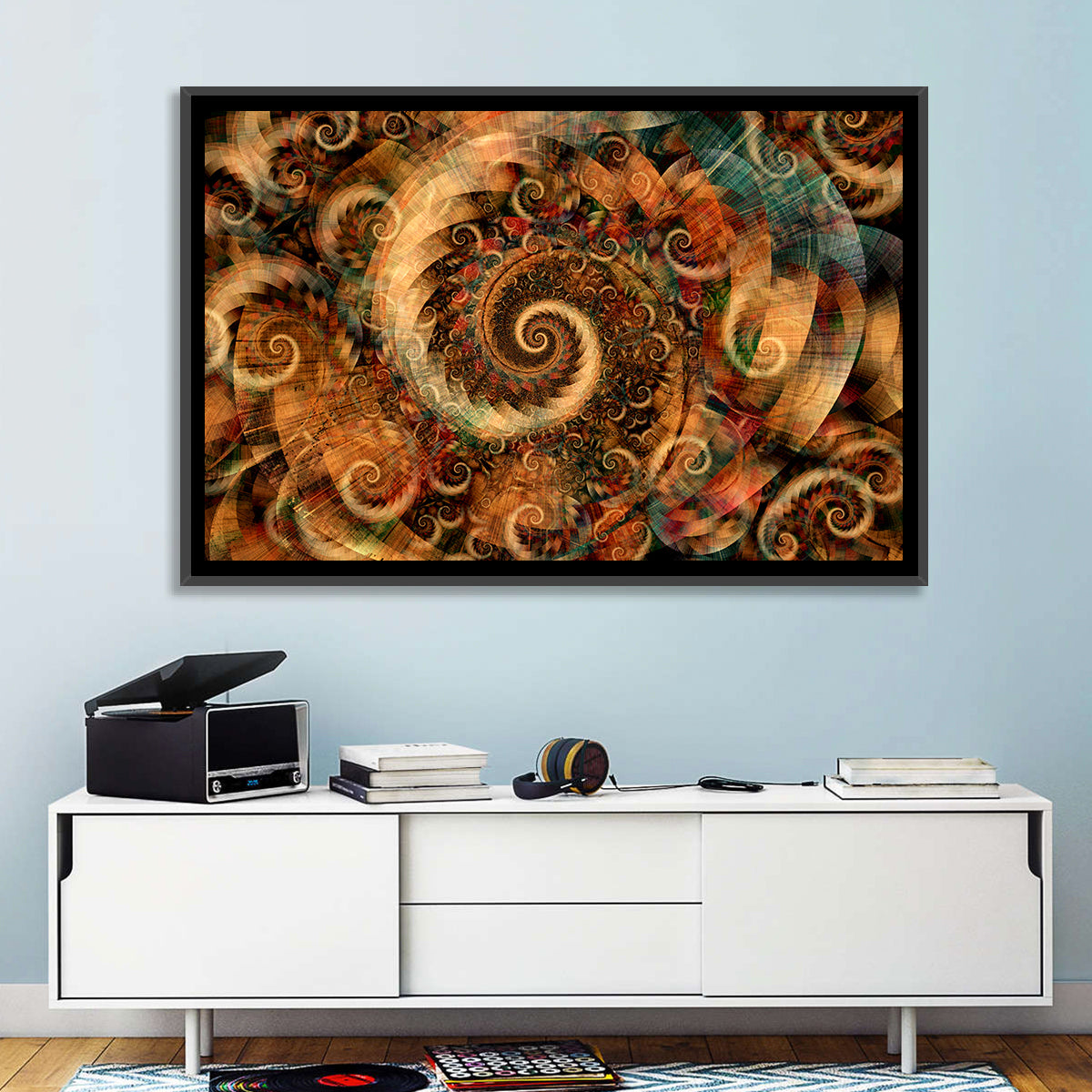 Golden Spiral Fractal Wall Art in a room, landscape