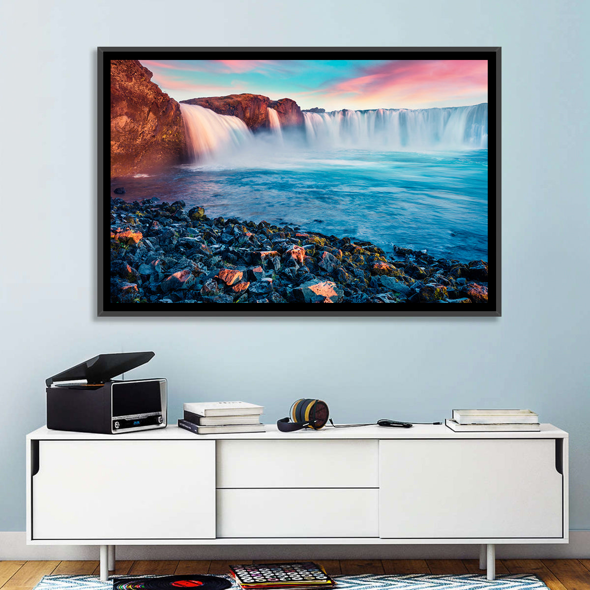 Goðafoss Waterfall at Sunset Wall Art in a room, landscape