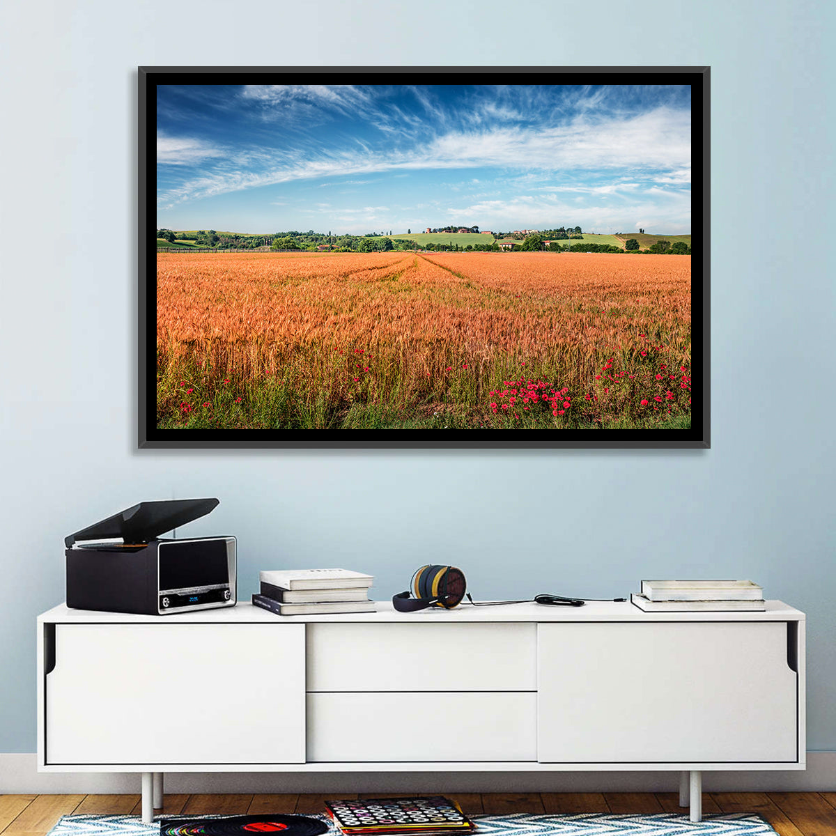 Golden Wheat Field with Poppies Wall Art in a room, landscape