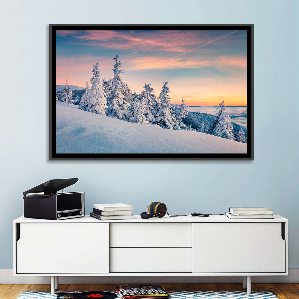 Snowy Carpathian Sunset Wall Art in a room, landscape