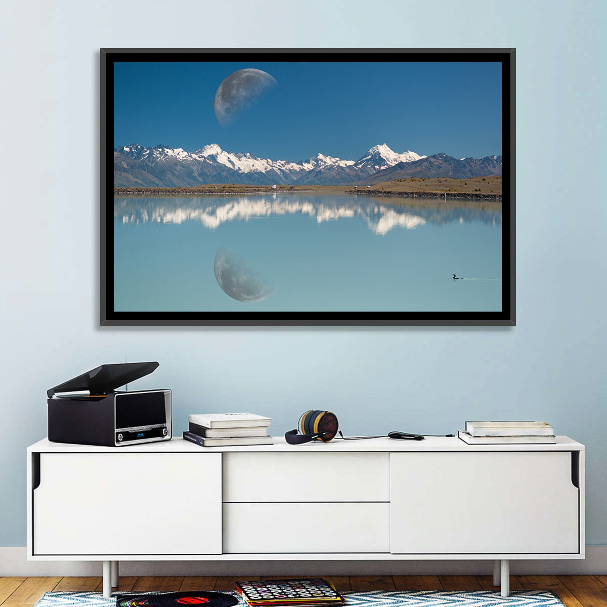 Moon Over Mt Cook and Lake Pukaki Wall Art in a room, landscape