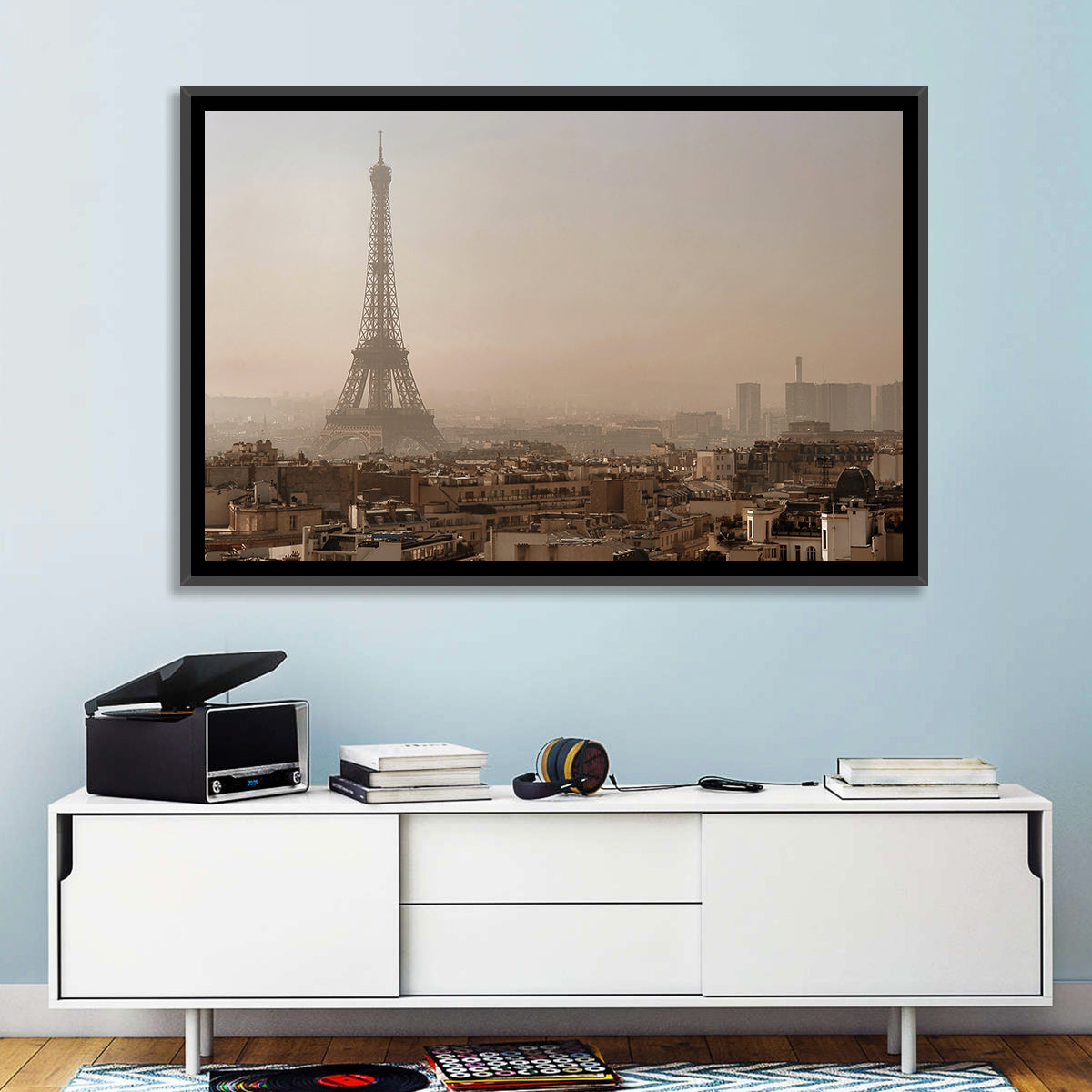 Eiffel Tower Over Paris Rooftops Wall Art in a room, landscape