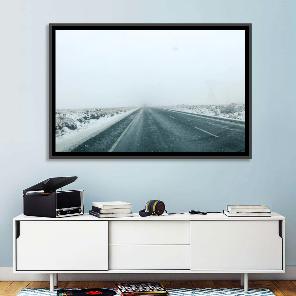 Foggy Winter Mountain Road Wall Art in a room, landscape
