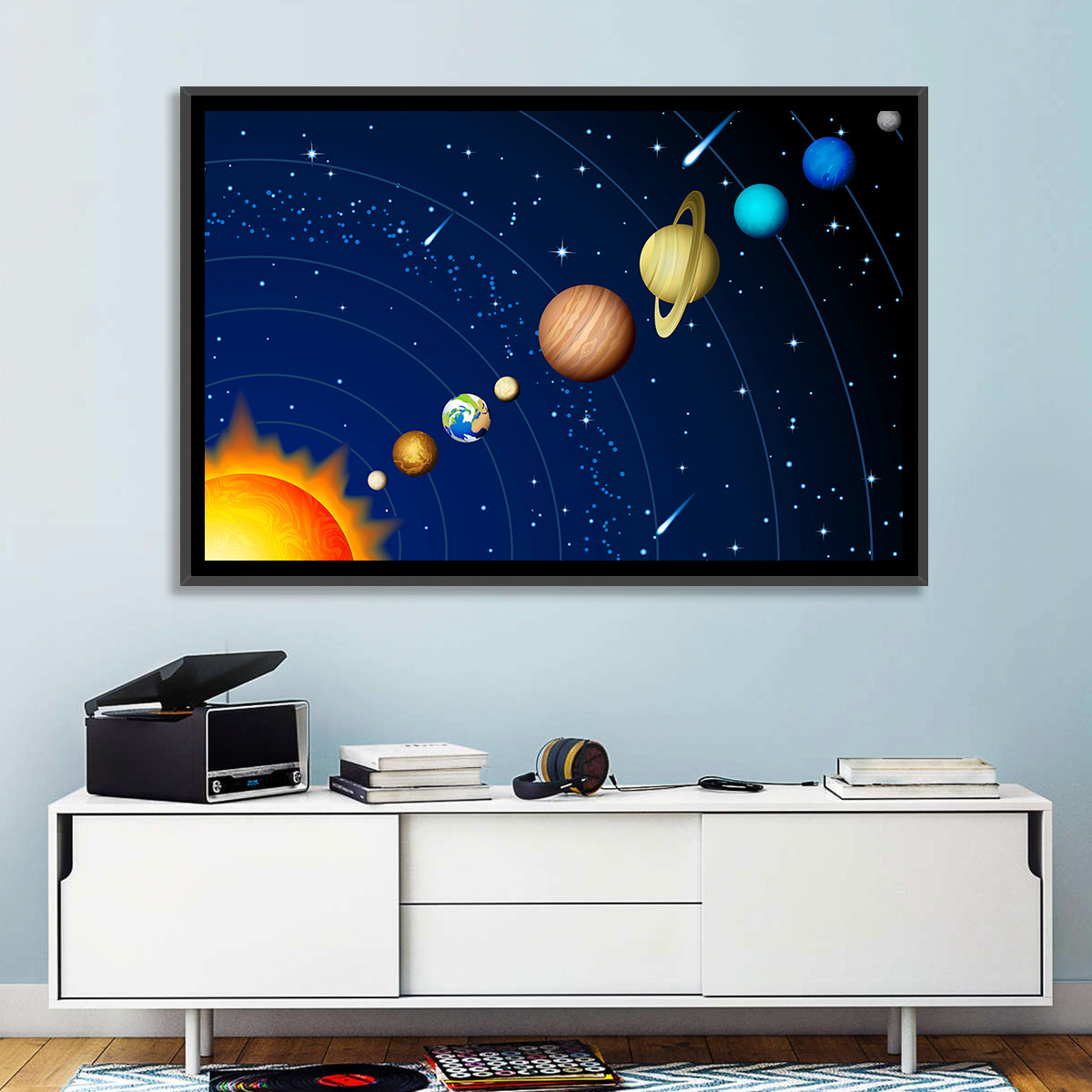 Diagonal Solar System Illustration Wall Art in a room, landscape