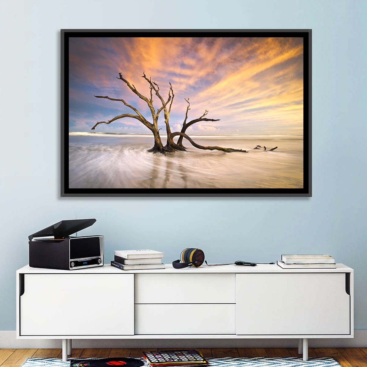 Folly Beach Driftwood Sunset Wall Art in a room, landscape