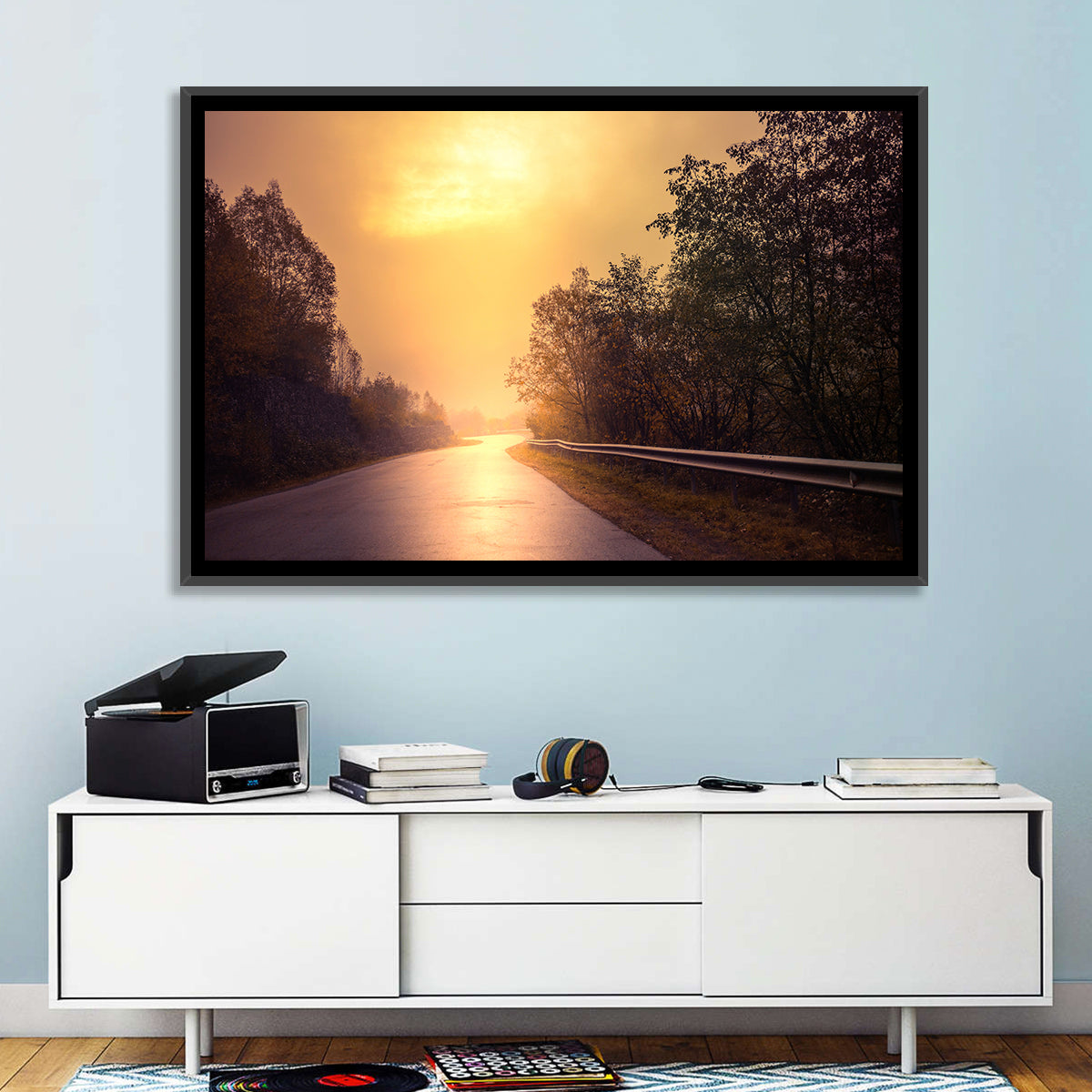 Windy Misty Forest Road Wall Art in a room, landscape