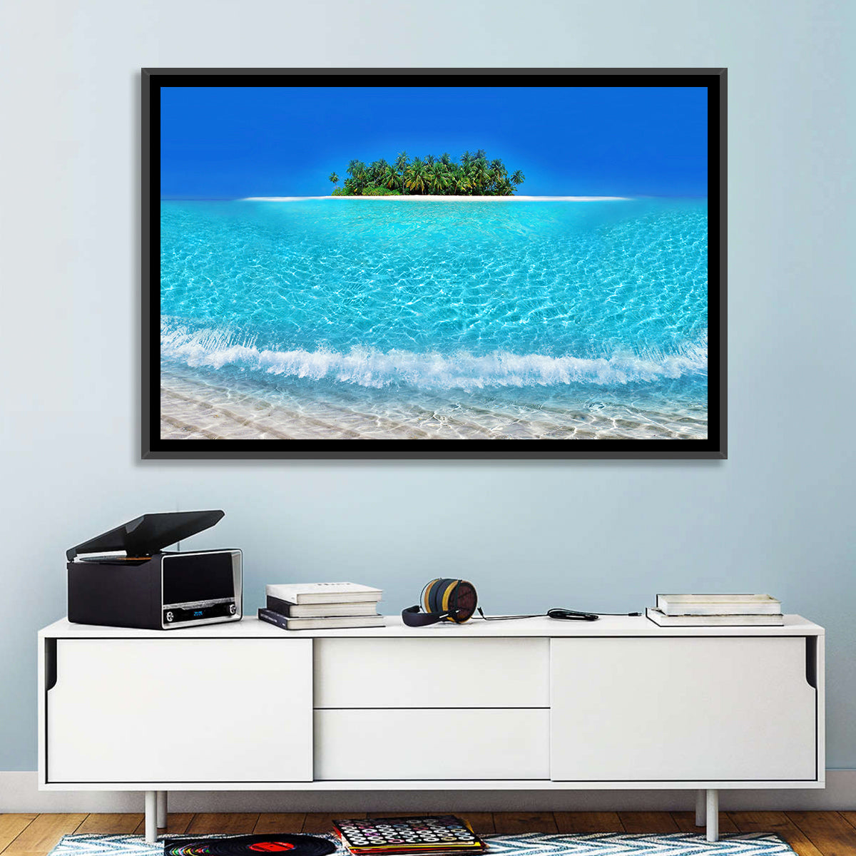 Turquoise Atoll Sandbar with Palm Trees Wall Art in a room, landscape