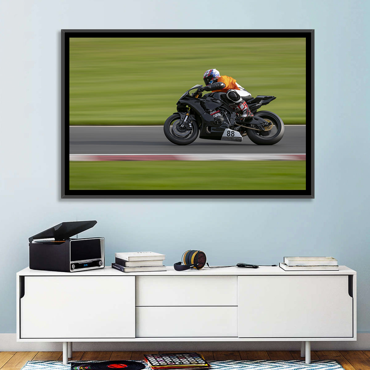 Motorcycle Racer No. 88 Wall Art in a room, landscape
