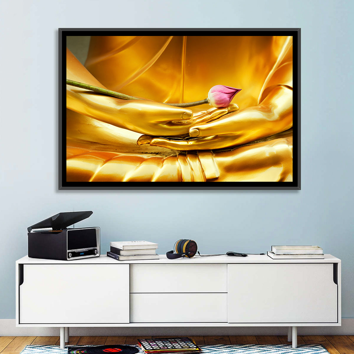 Buddha Hands with Lotus Wall Art in a room, landscape