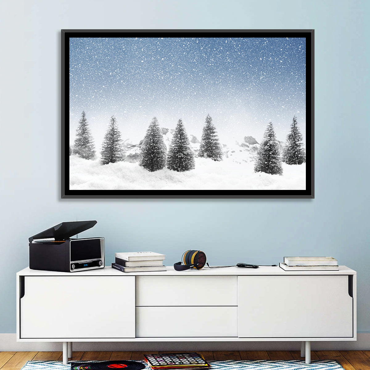 Winter Pine Trees Landscape Wall Art in a room, landscape