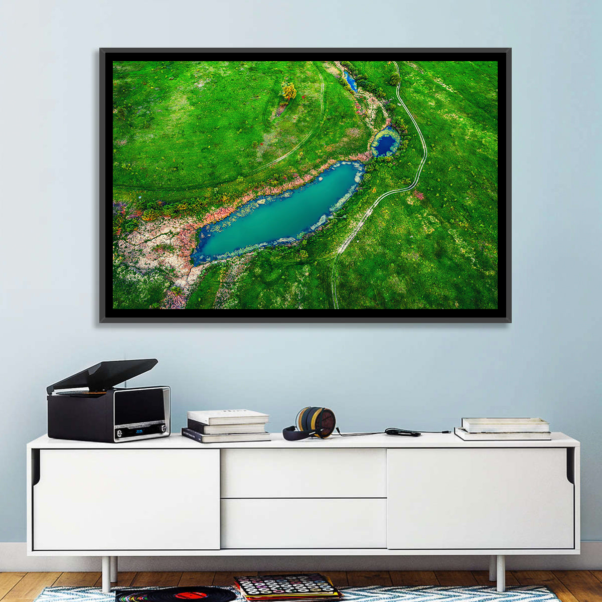Meadows Lake Aerial Wall Art in a room, landscape