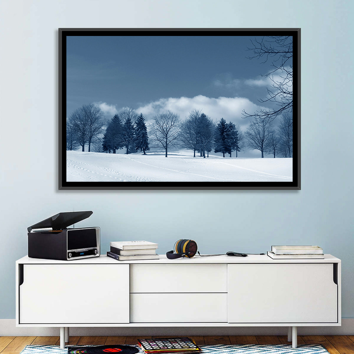Snowy Field with Tracks Wall Art in a room, landscape