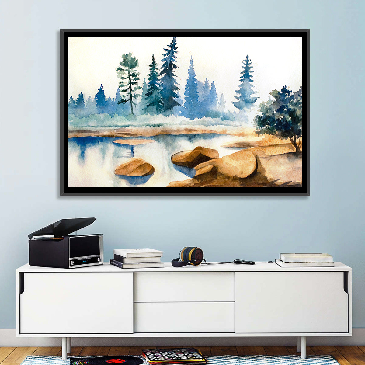 Misty Pine Stream Wall Art in a room, landscape
