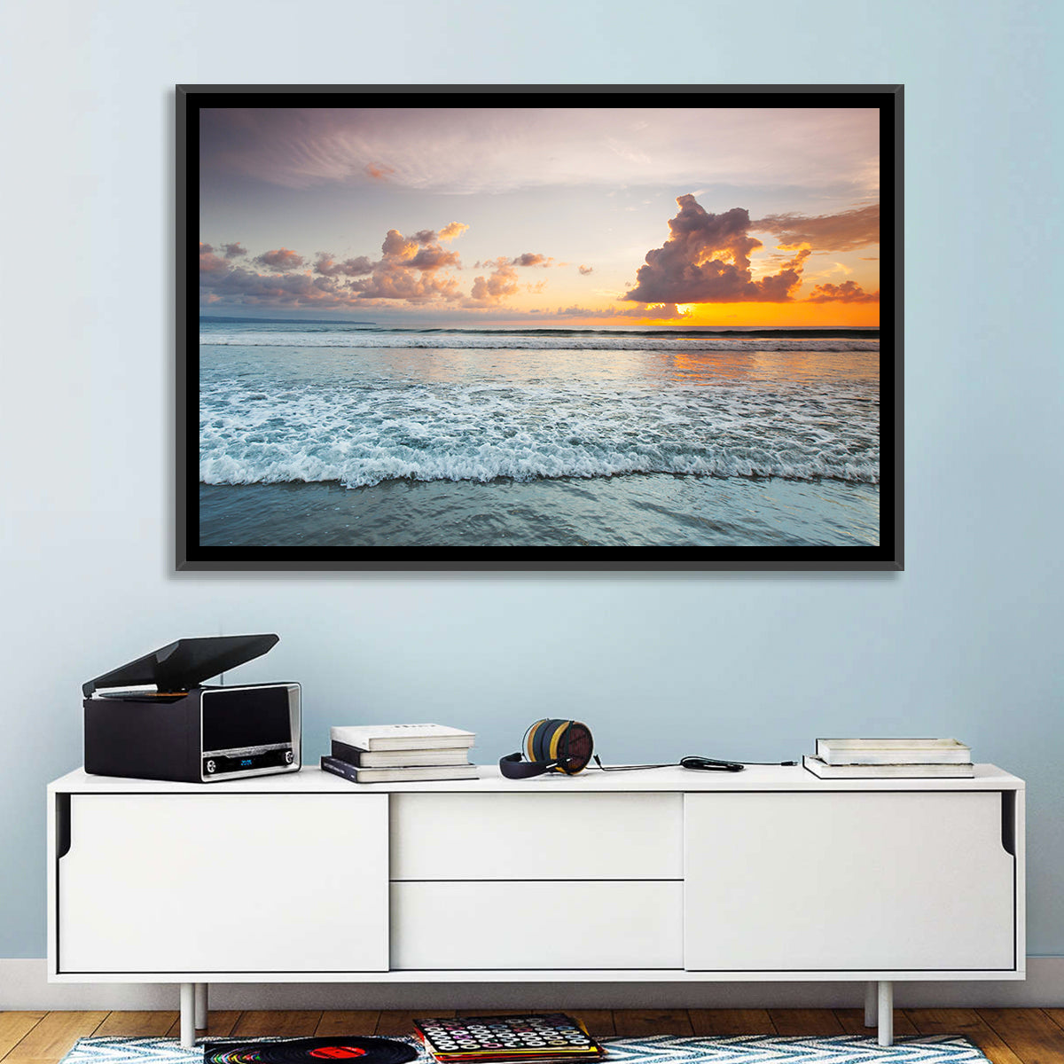Golden Hour Beach Sunset Surf Wall Art in a room, landscape