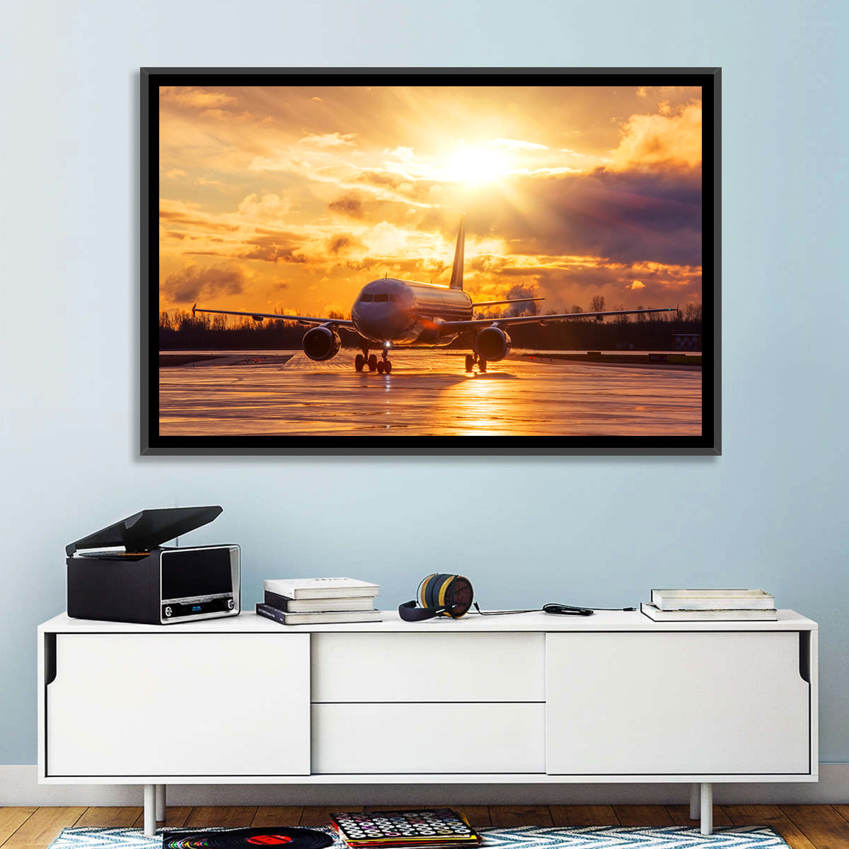 Golden Hour Airliner on Wet Runway Wall Art in a room, landscape