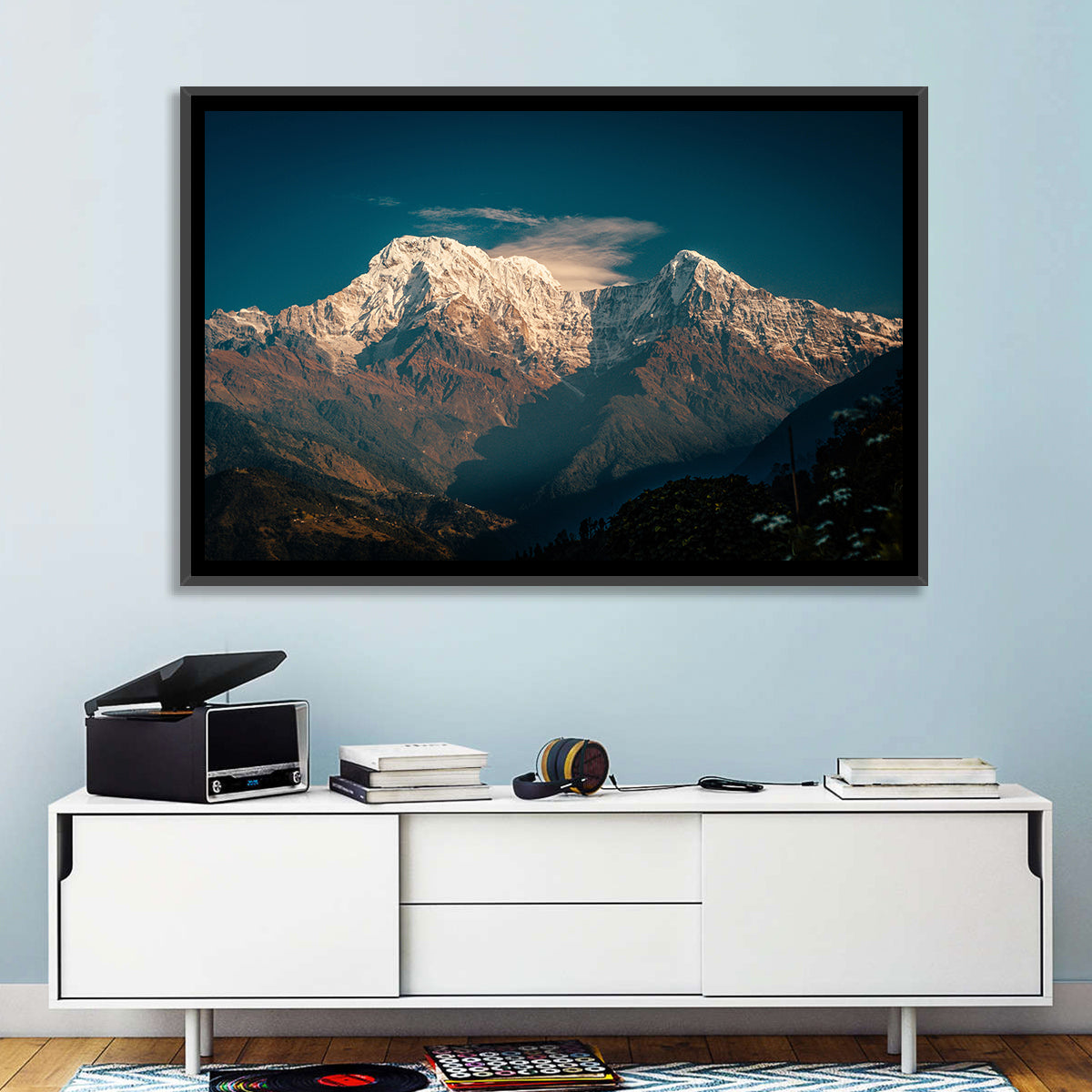 Annapurna South Summit with Wispy Clouds Wall Art in a room, landscape