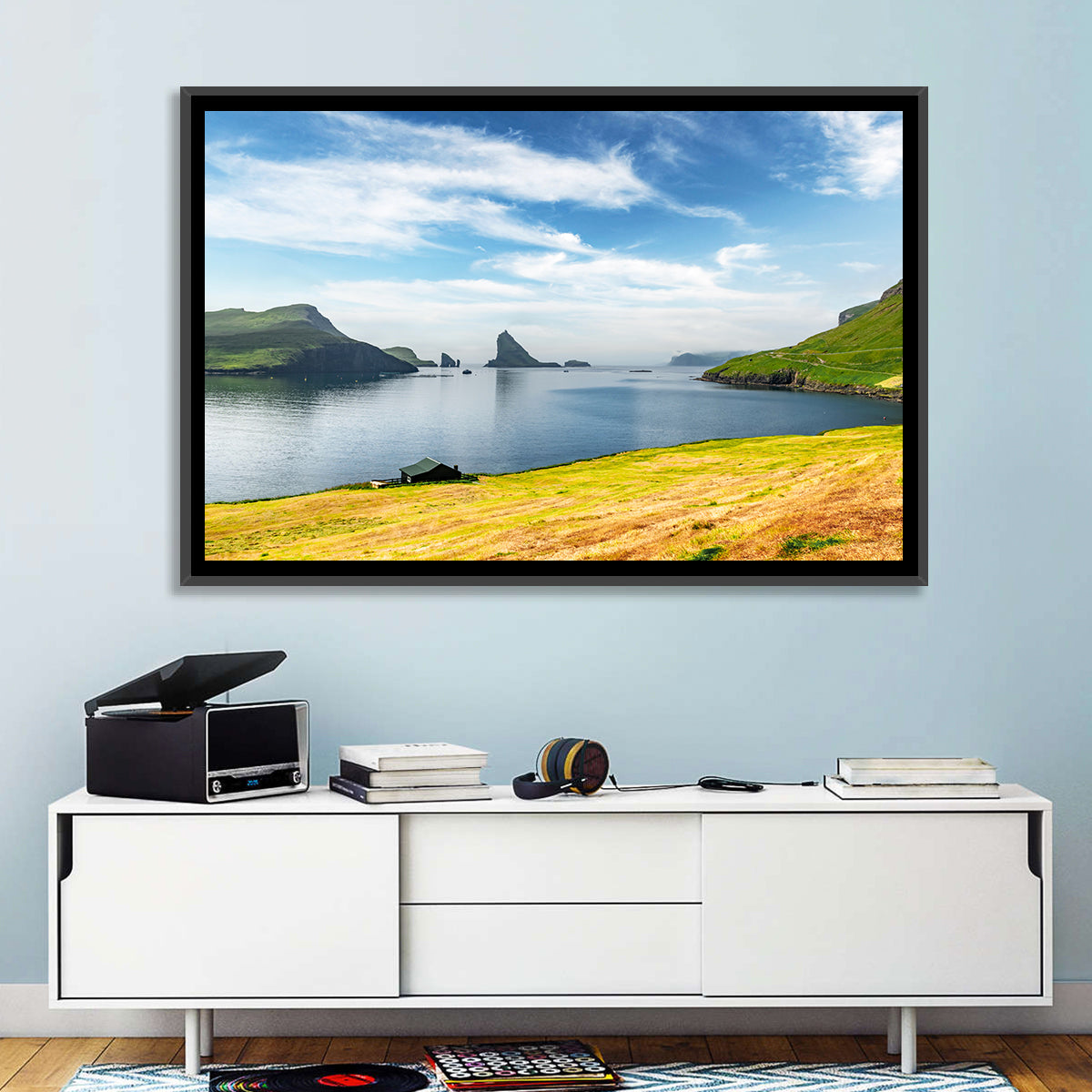 Tindhólmur and Drangarnir Coastal Bay Wall Art in a room, landscape