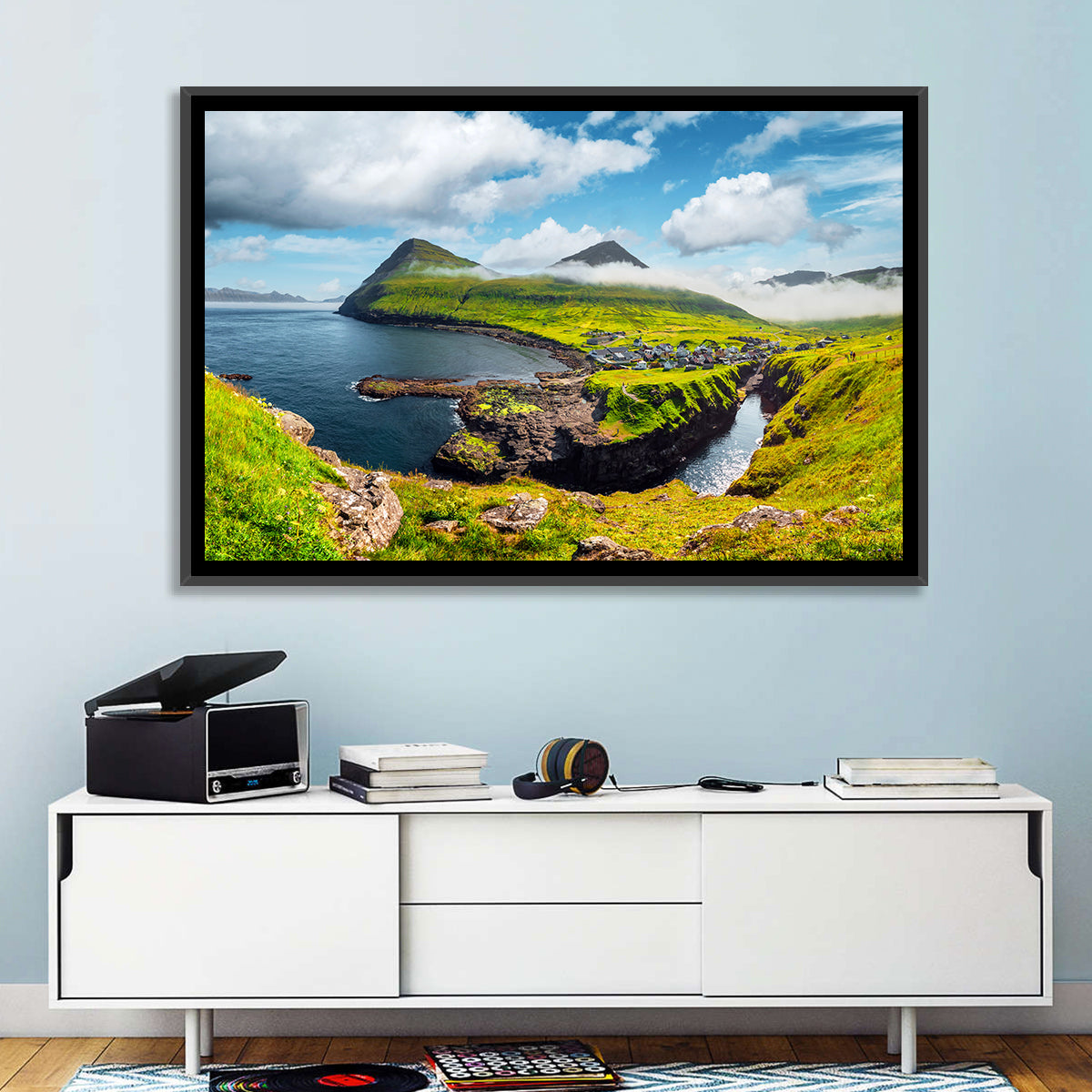 Gjógv Harbor Coastal Village Wall Art in a room, landscape