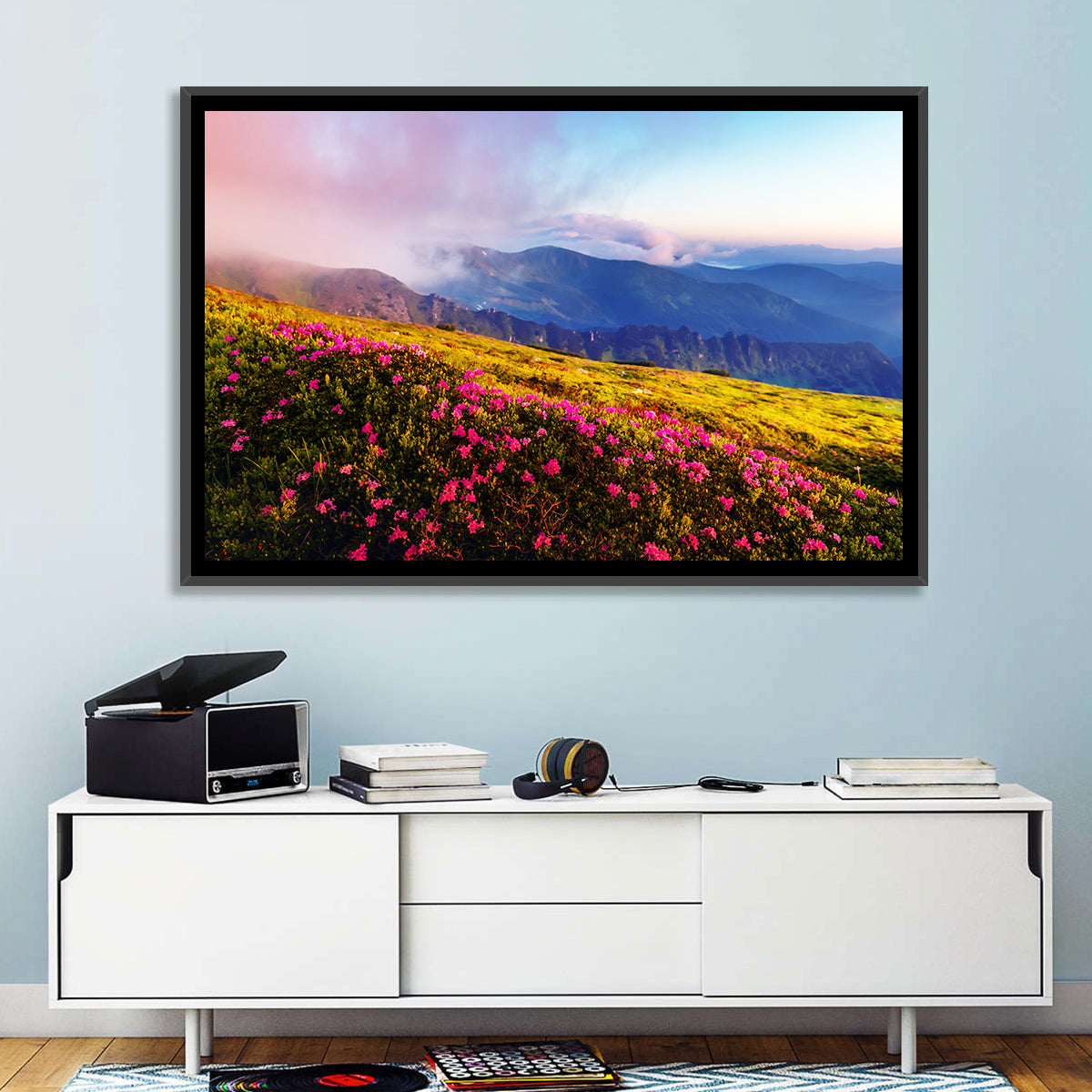 Alpine Rhododendron Meadow at Golden Hour Wall Art in a room, landscape