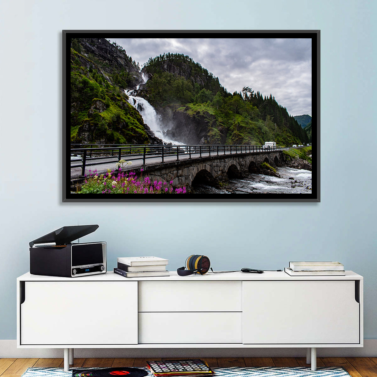 Låtefossen Stone Bridge and Waterfall Wall Art in a room, landscape