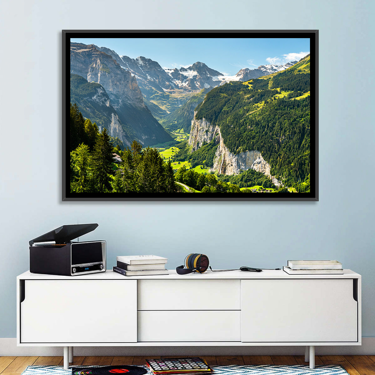 Lauterbrunnen Valley Waterfall View Wall Art in a room, landscape