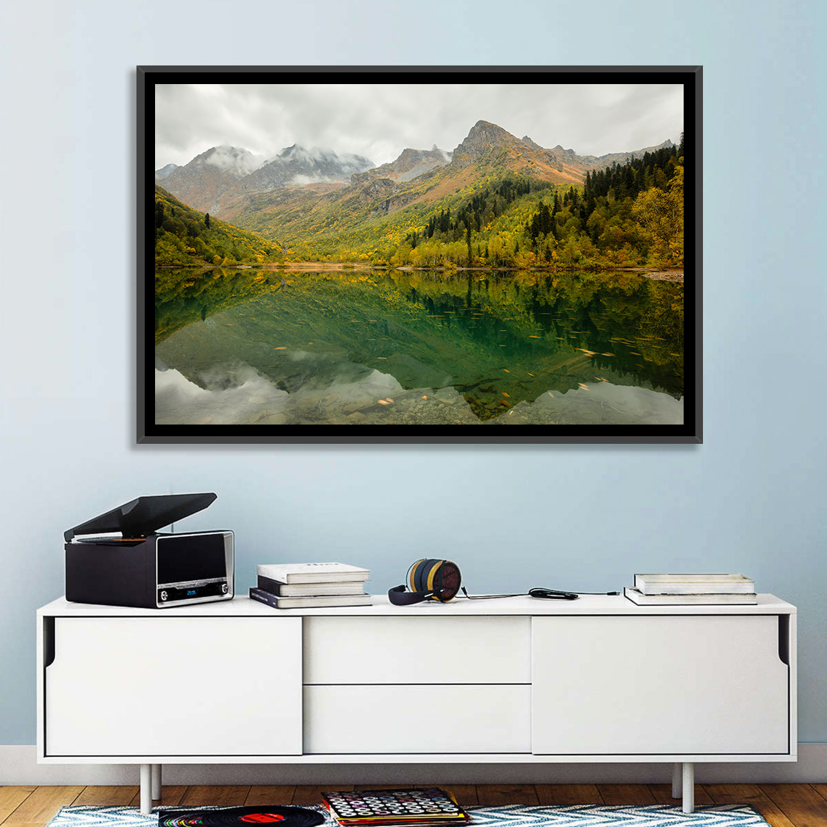 Kardyvach Lake Reflection Under Clouded Peaks Wall Art